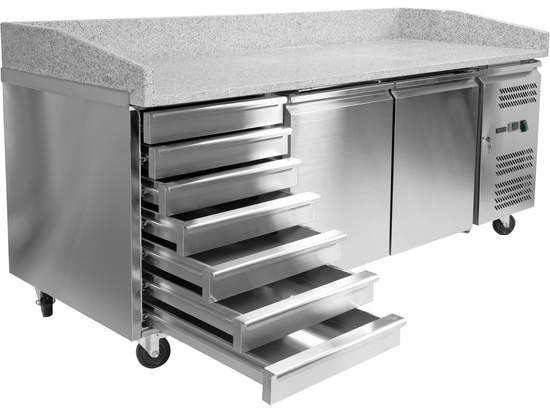 MASĂ RECE PENTRU PIZZA, BLAT DIN GRANIT, 2 UȘI + 7 SERTARE, 580L