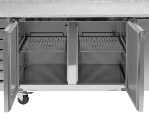 MASĂ RECE PENTRU PIZZA, BLAT DIN GRANIT, 2 UȘI + 7 SERTARE, 580L